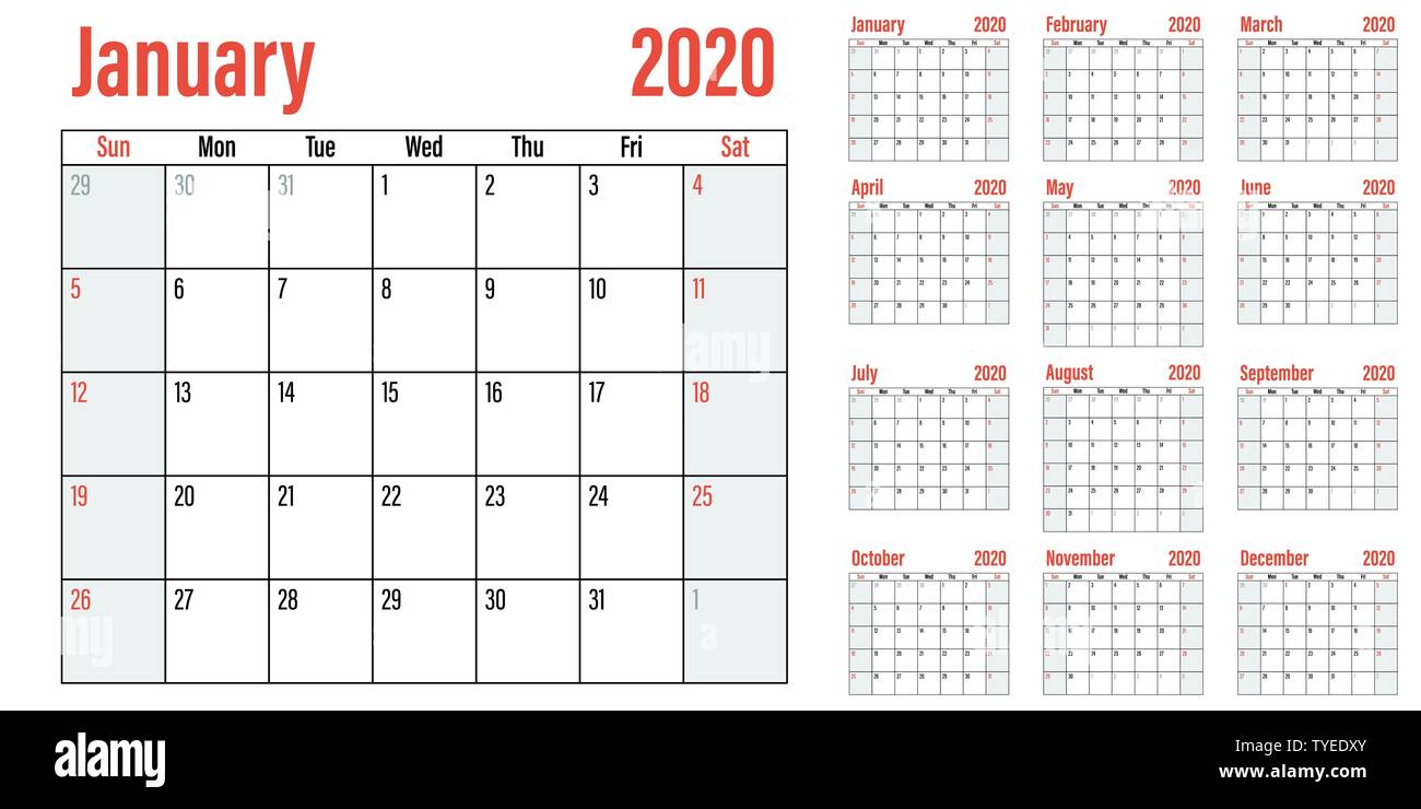 Calendar planner 2020 template vector illustration all 12 months week ...