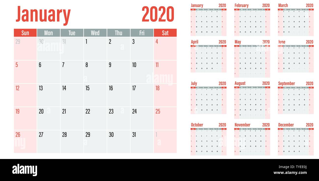 Calendar planner 2020 template vector illustration all 12 months week ...