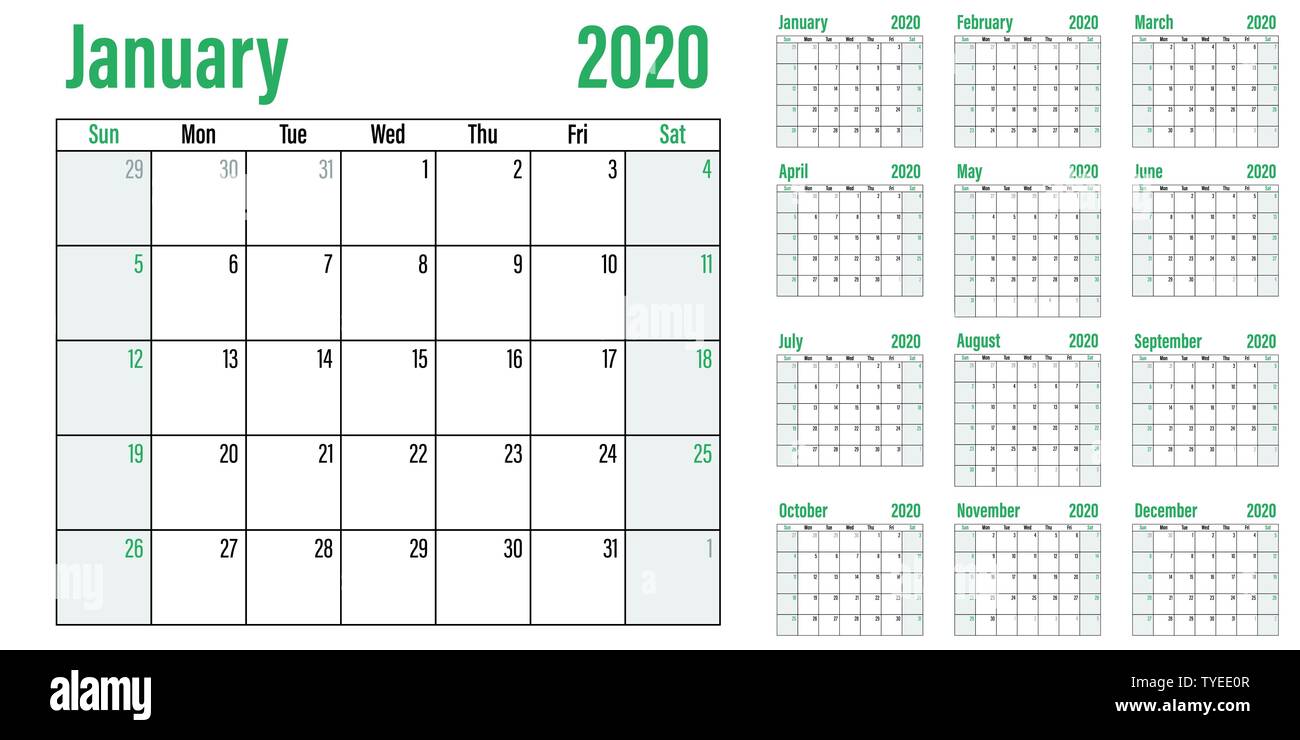 calendar planner 2020 template vector illustration all 12 12 تقویم الگوی تقویم