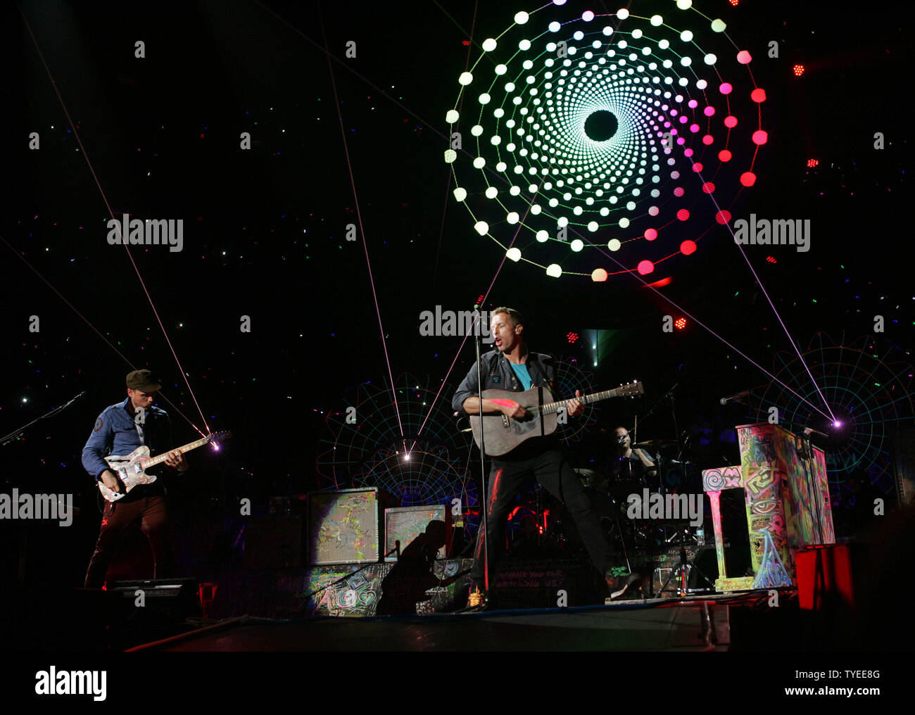 Coldplay performs in concert on their Mylo Xyloto tour 2012 at the American Airlines Arena in Miami on June 29, 2012. UPI/Michael Bush Stock Photo