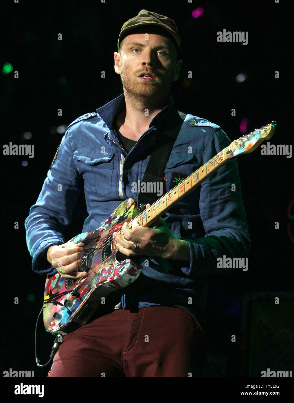 Jonny Buckland with Coldplay performs in concert on their Mylo Xyloto tour 2012 at the American Airlines Arena in Miami on June 29, 2012. UPI/Michael Bush Stock Photo