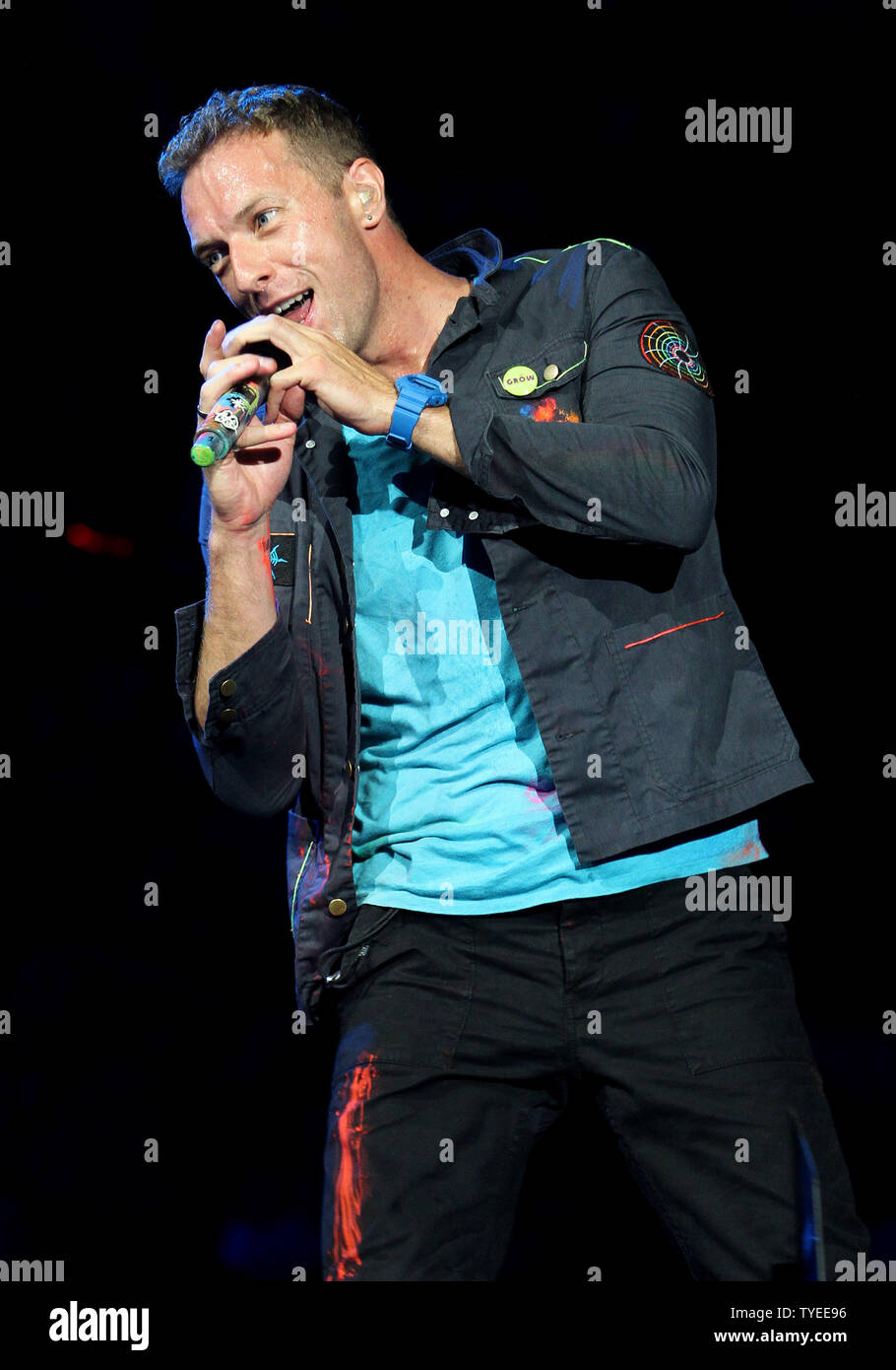 Chris Martin with Coldplay performs in concert on their Mylo Xyloto tour 2012 at the American Airlines Arena in Miami on June 29, 2012. UPI/Michael Bush Stock Photo
