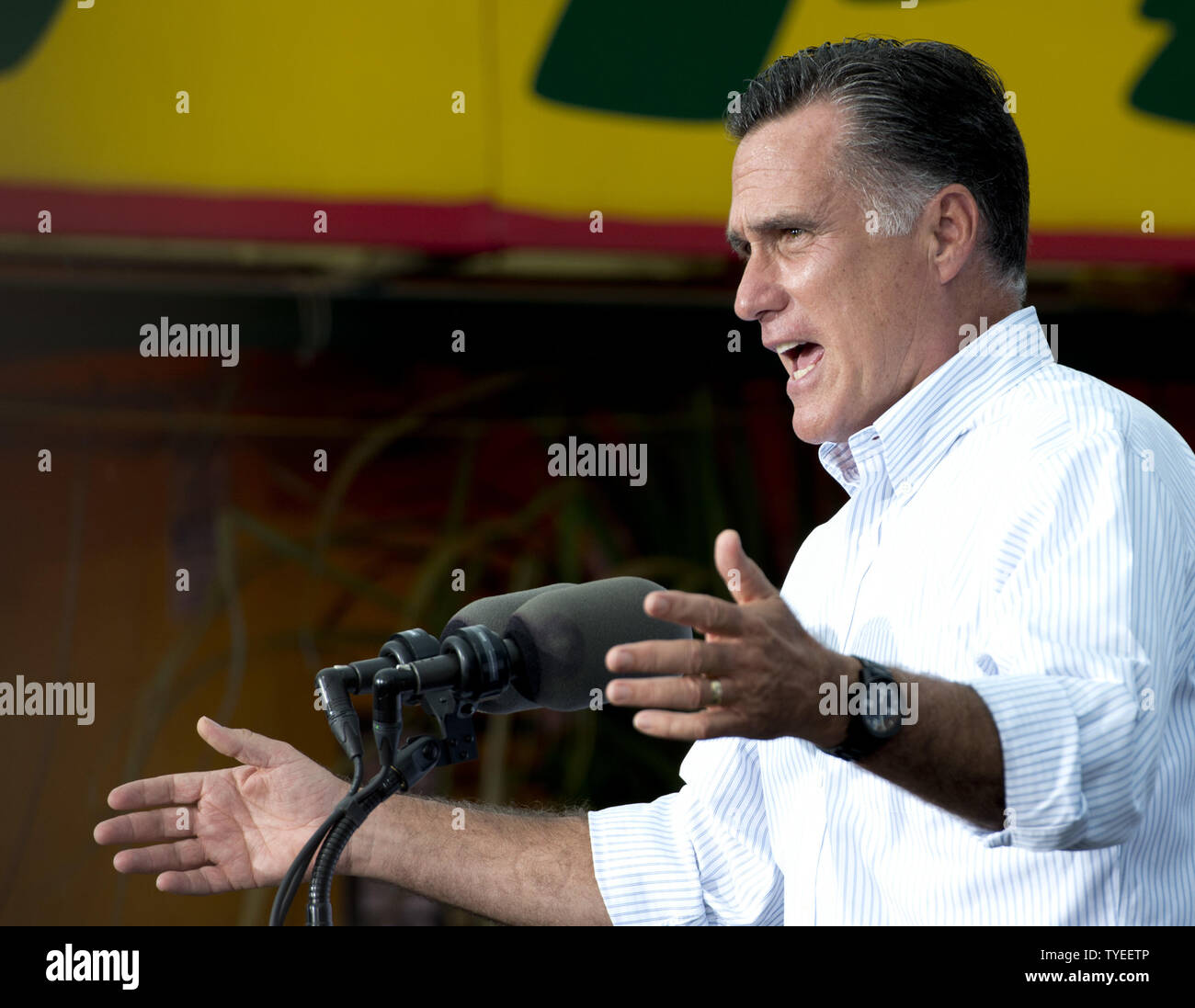 Presumptive Republican presidential nominee Mitt Romney delivers remarks to supporters  during the "Romney Plan for a Stronger Middle Class" bus tour, at El Palacio De Los Jugos,  Miami, Florida on August 13, 2012. Romney's bus tour is traveling through four battleground  states ( Virginia, North Carolina, Florida, & Ohio), holding fundraisers in advance of the November 4 general election.  UPI/Gary I Rothstein Stock Photo