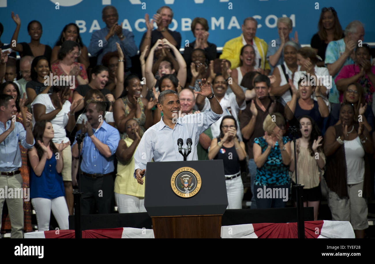President Barack Obama delivers remarks  to more than 6,000 supporters during the last stop of his Florida bus tour to grassroots  supporters  at the Palm Beach County Convention Center, West Palm Beach, Florida on September 09, 2012.  President Obama discussed what’s at stake for middle class families in this election along with his plan to continue to restore middle-class security by paying down our debt. UPI/Gary I Rothstein. Stock Photo