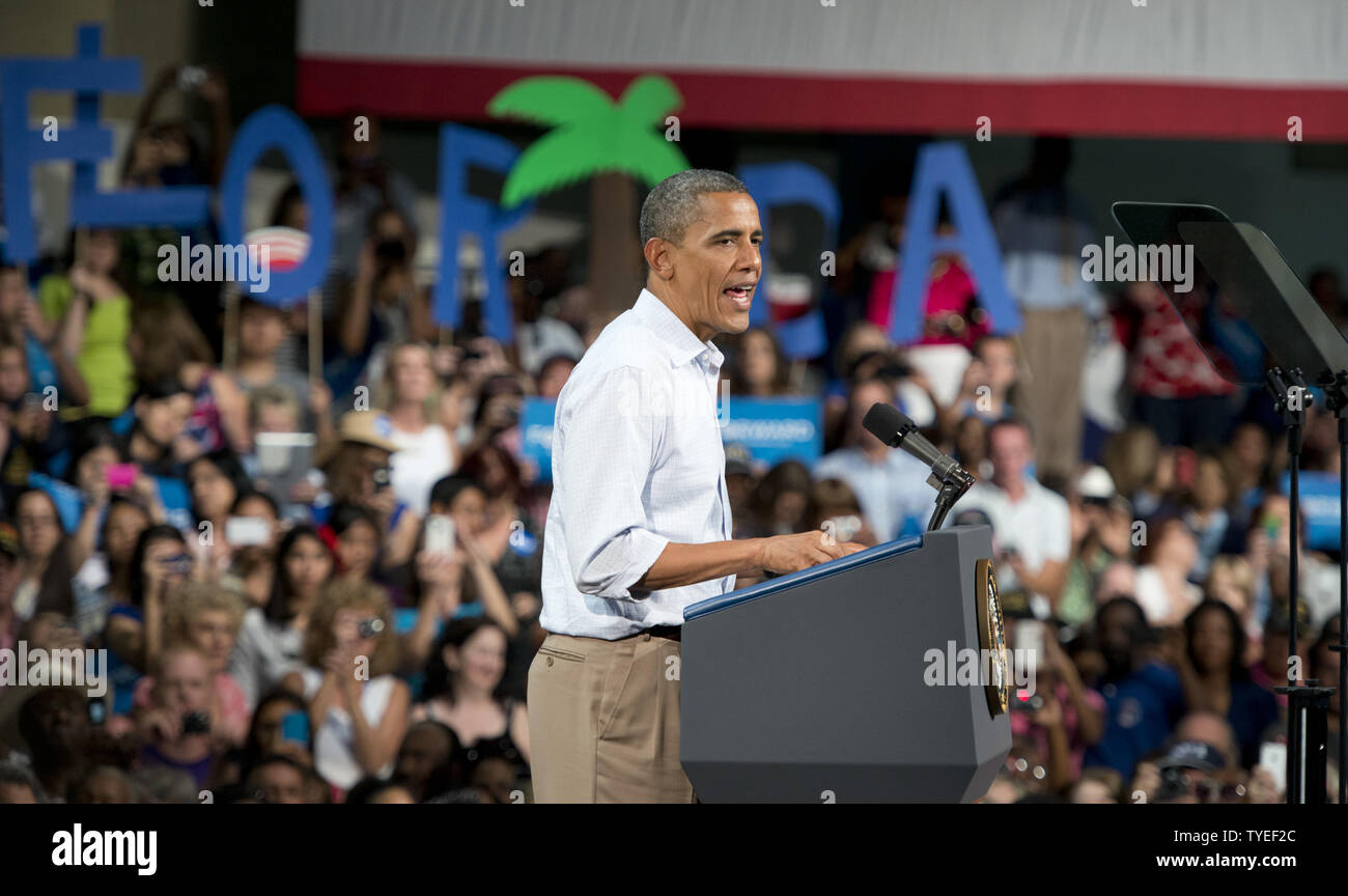 President Barack Obama delivers remarks  to more than 6,000 supporters during the last stop of his Florida bus tour to grassroots  supporters  at the Palm Beach County Convention Center, West Palm Beach, Florida on September 09, 2012.  President Obama discussed what’s at stake for middle class families in this election along with his plan to continue to restore middle-class security by paying down our debt. UPI/Gary I Rothstein. Stock Photo