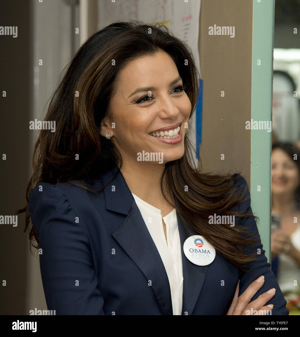 Eva Longoria talks to Obama supporters at the  West Palm Beach Florida, field office during the first day of early voting in Florida, October 27, 2012. Floridians can early vote starting Saturday October 27 through November 3, 2012  from 7A.M. to 7P.M. daily. UPI/Gary I Rothstein. Stock Photo