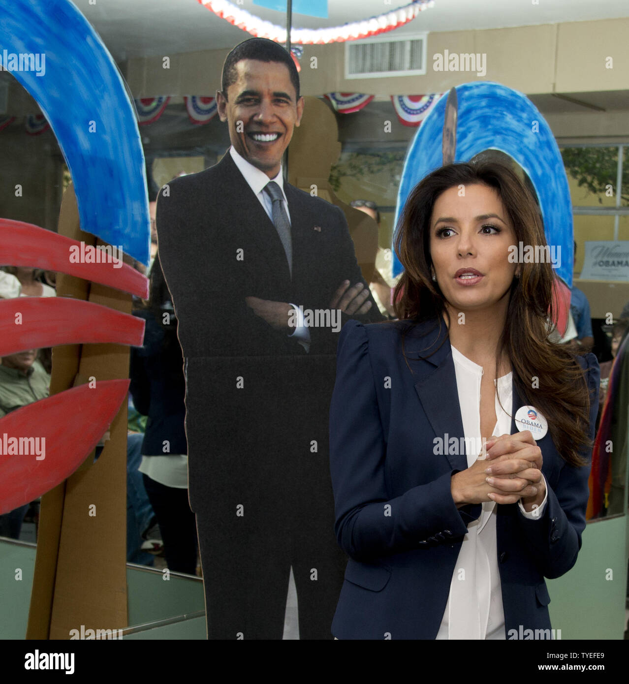 Eva Longoria talks to Obama supporters at the  West Palm Beach Florida, field office during the first day of early voting in Florida, October 27, 2012. Floridians can early vote starting Saturday October 27 through November 3, 2012  from 7A.M. to 7P.M. daily. UPI/Gary I Rothstein. Stock Photo