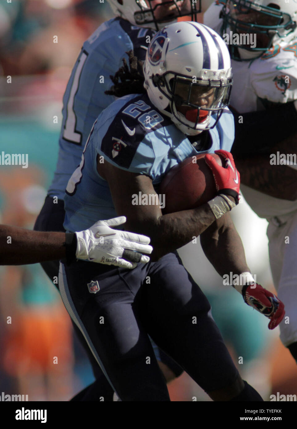 Tennessee Titans cornerback Alterraun Verner (20) runs  against the Miami Dolphins during first half action at Sun Life Stadium November 11, 2012  in Miami, Florida. The Tennessee Titans beat the Miami Dolphins 37-3.        UPI/Susan Knowles Stock Photo