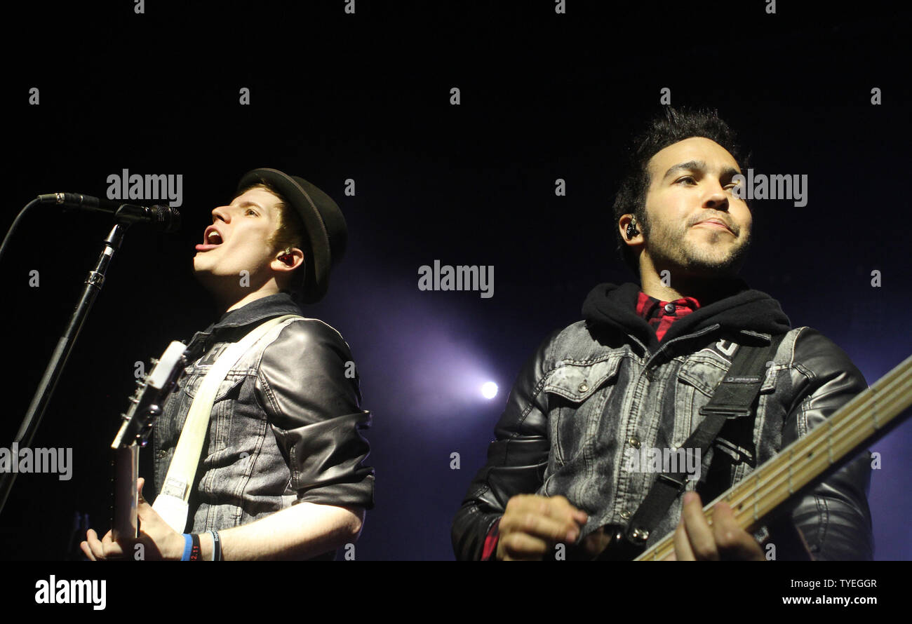 Peter Wentz (R) and Patrick Stump with Fall Out Boy perform at the Fillmore in Miami Beach on June 5, 2013. UPI/Michael Bush Stock Photo