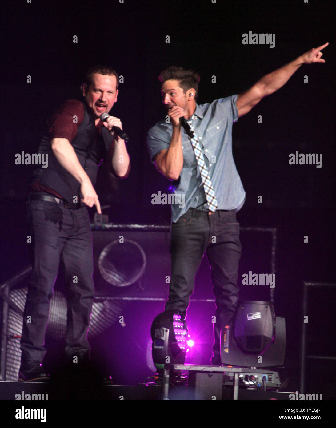 Justin Jeffre (L) and Jeff Timmons with 98 Degrees perform in concert at the BB & T Center in Sunrise, Florida on June 22, 2013.  UPI/Michael Bush Stock Photo