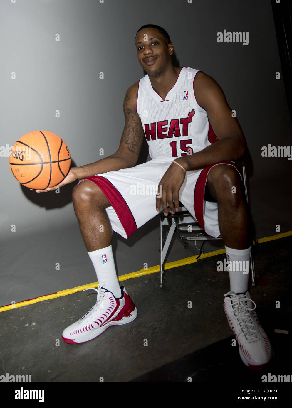 Miami Heat's Mario Chalmers (15) poses for a photo during the teams ...