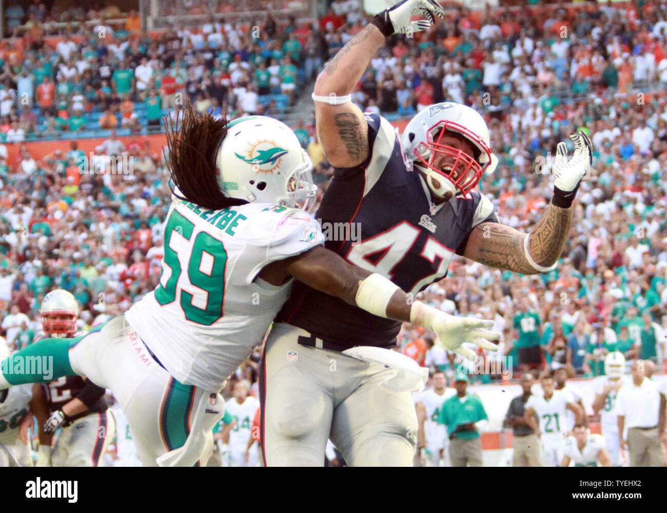 Miami Dolphins LB Dannell Ellerbe (59) breaks up a Brady pass intended for FB James Devlin (47) against the New England Patriots during the final seconds at Sun Life Stadium in Miami, Florida on December 15, 2013. The Dolphins defeated the Patriots  24-20.    UPI/Susan Knowles Stock Photo