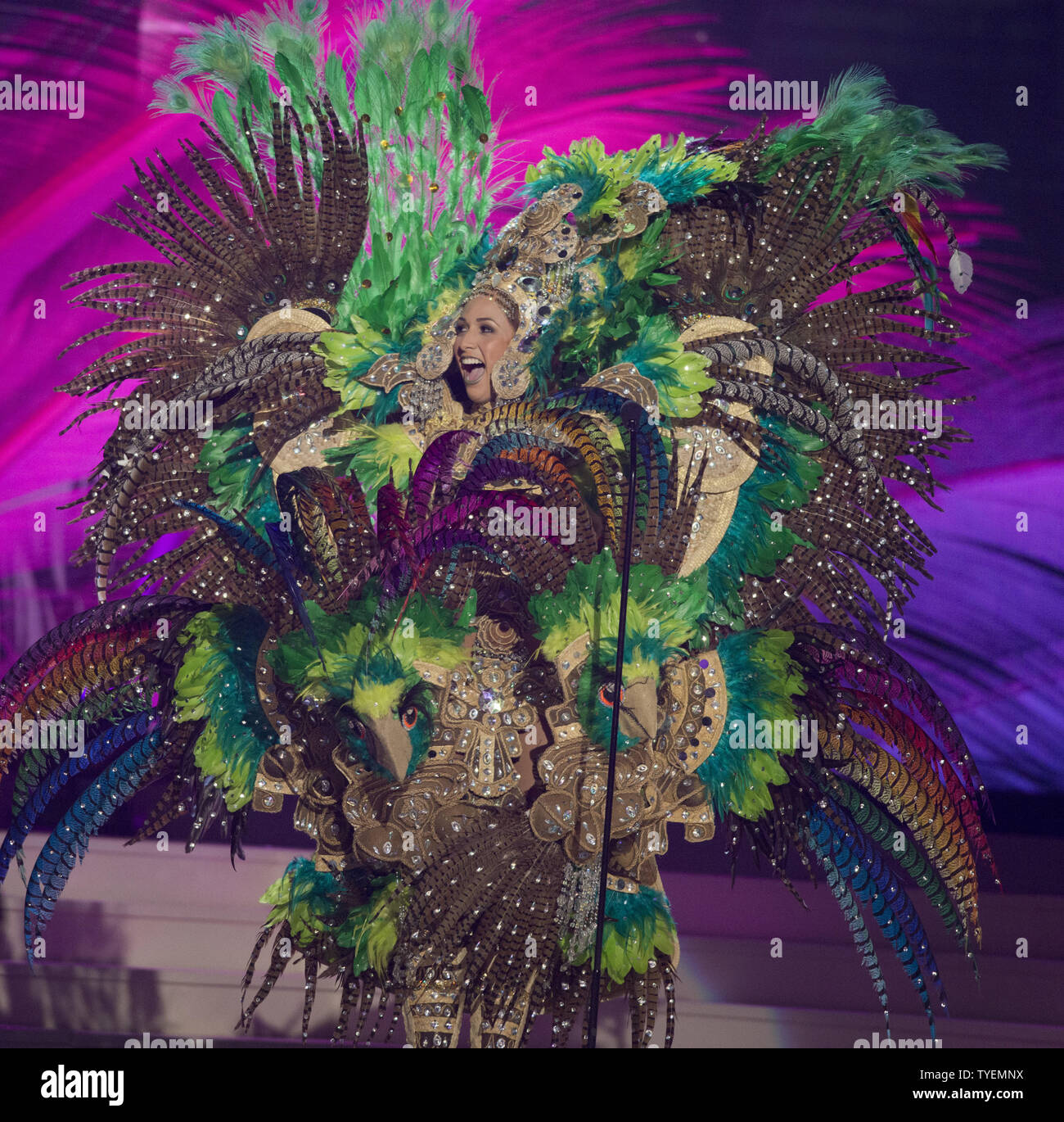 Miss Universe contestant Jimena Vecco from Peru competes  during the native costume competition event at  U.S. Century Bank Arena, Florida International University in Miami, Florida on January 21, 2015. The 63rd. Miss Universe Pageant will be held in Miami, Florida, January 25, 2015. Photo by Gary I Rothstein/UPI Stock Photo