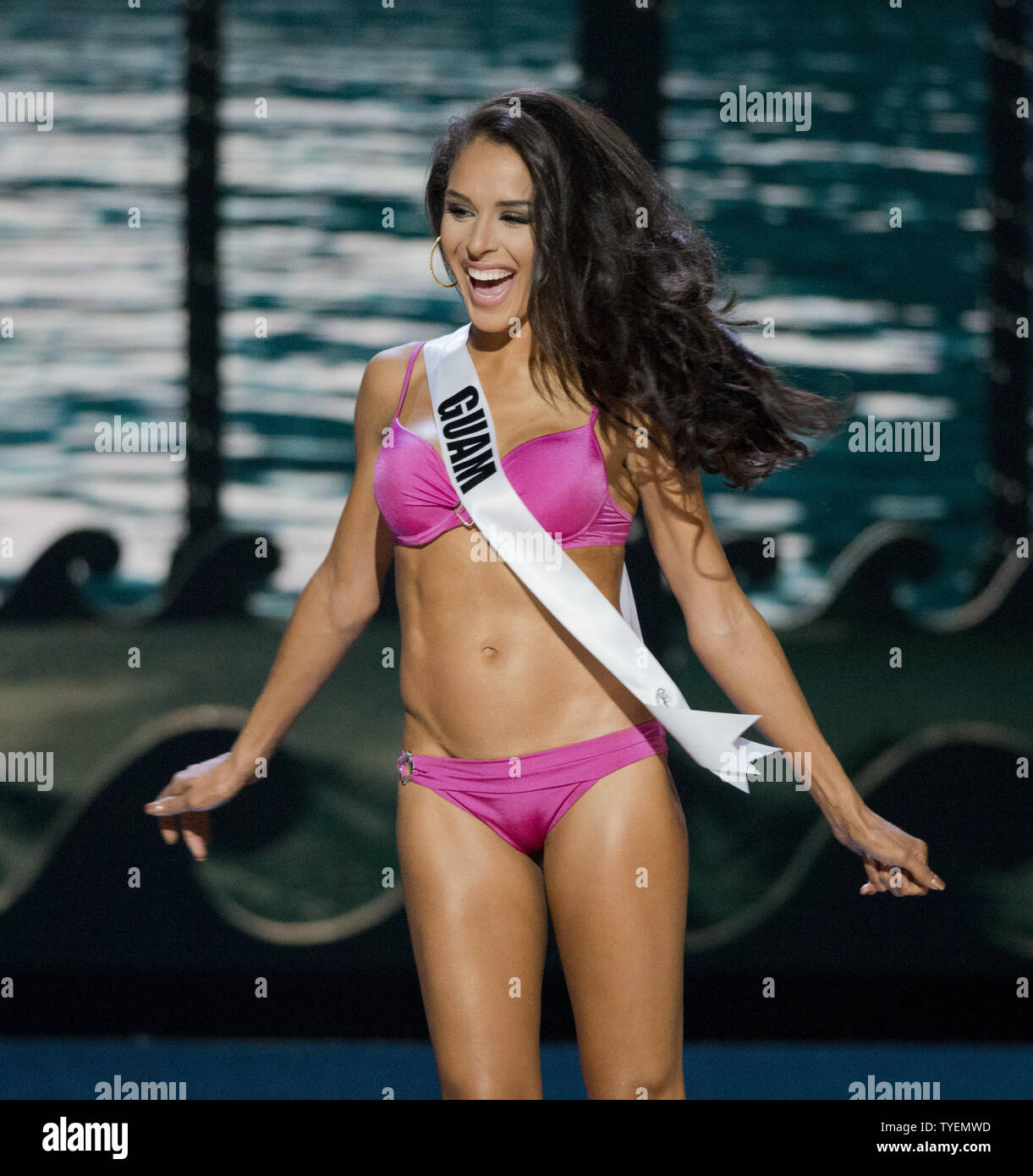 Miss Universe contestant Brittany Bell from Guam competes during the bikini  competition event at U.S. Century Bank Arena, Florida International  University in Miami, Florida on January 21, 2015. The 63rd. Miss Universe