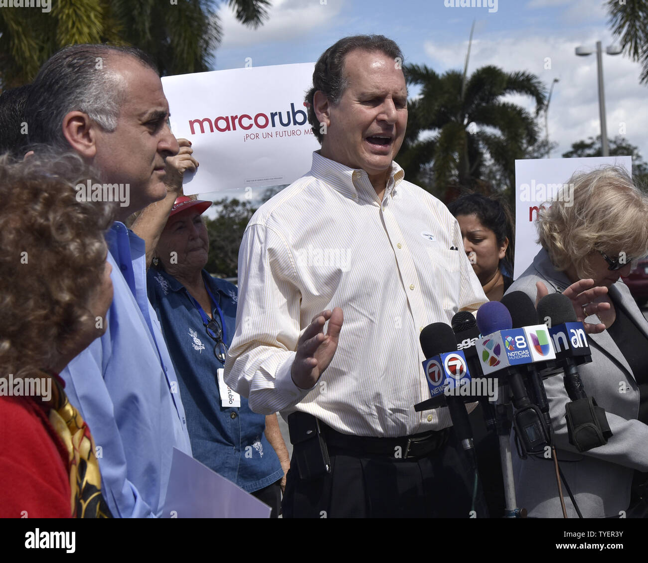Early voting in the Republican presidential primary began in Miami-Dade County, Florida, February 29, 2016, At the John F. Kennedy Library, Hialeah, Florida., (L-R) Council President Luis Gonzalez, Miami-Dade County Commissioner,Esteban Bovo, Former Congressman, Lincoln Diaz-Balart, and  Hialeah City Councilman.Lourdes Lozano, talk to the media urging South Floridians to vote for Marco  Rubio and reject the extremist and divisive campaign of demagogue Donald Trump. Photo by Gary I Rothstein/UPI Stock Photo