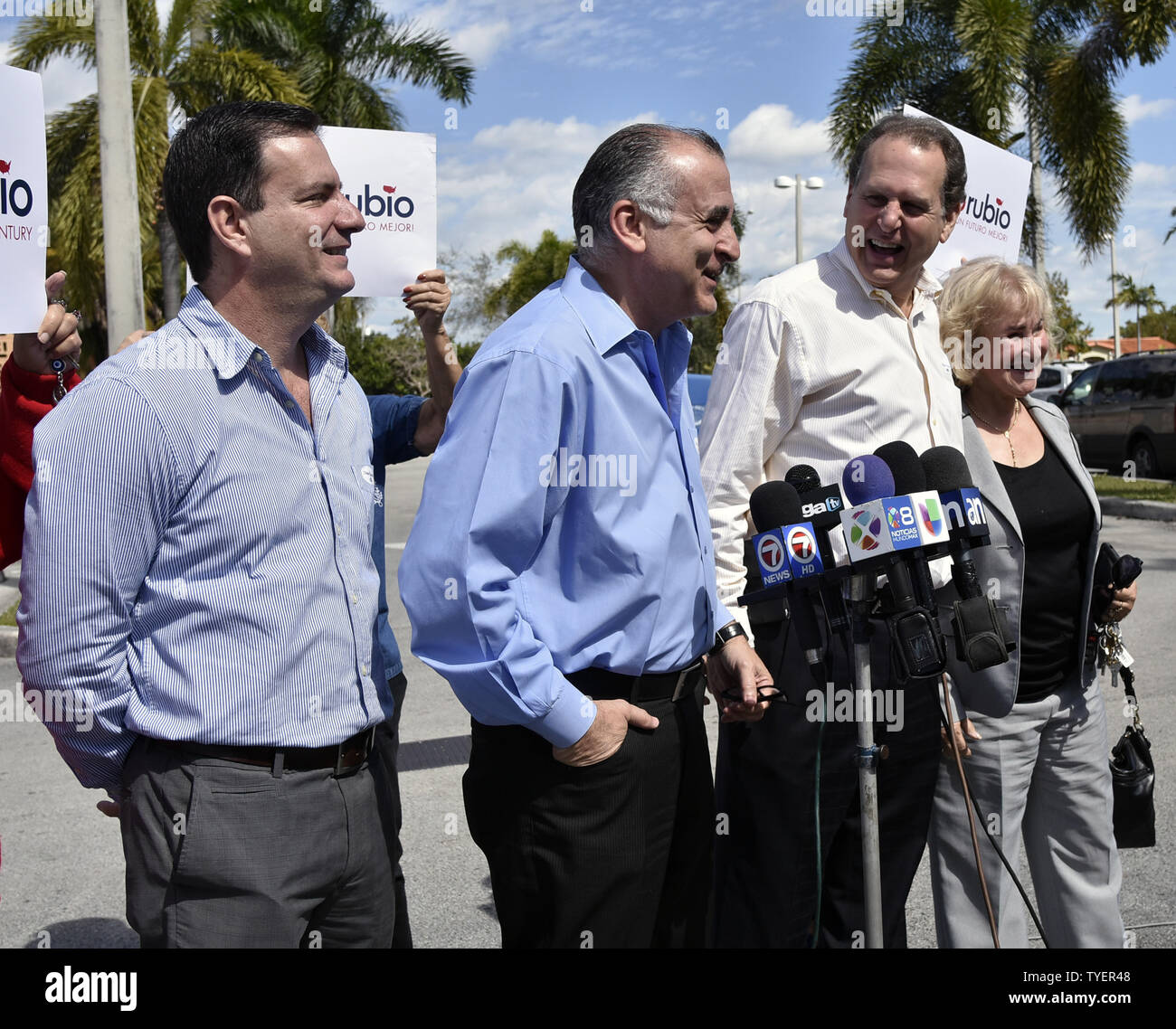 Early voting in the Republican presidential primary began in Miami-Dade County, Florida, February 29, 2016, At the John F. Kennedy Library, Hialeah, Florida., (L-R) Council President Luis Gonzalez, Miami-Dade County Commissioner,Esteban Bovo,  Former Congressman, Lincoln Diaz-Balart,and  Hialeah City Councilman.Lourdes Lozano, talk to the media urging South Floridians to vote for Marco  Rubio and reject the extremist and divisive campaign of demagogue Donald Trump. Photo by Gary I Rothstein/UPI Stock Photo
