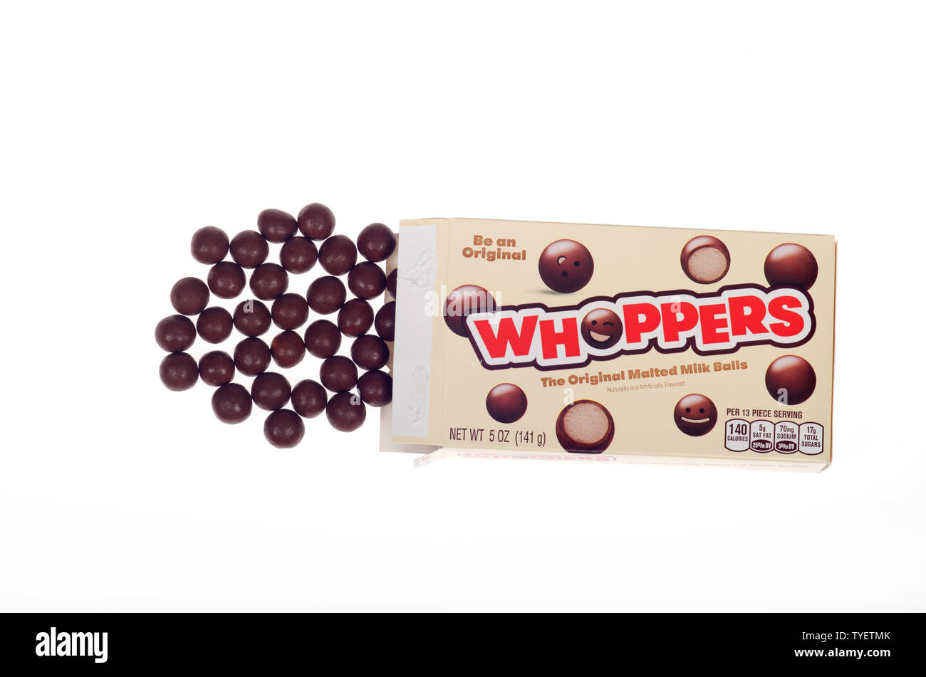 Whoppers malted milk balls covered with chocolate coating candy box from Hershey Company Stock Photo