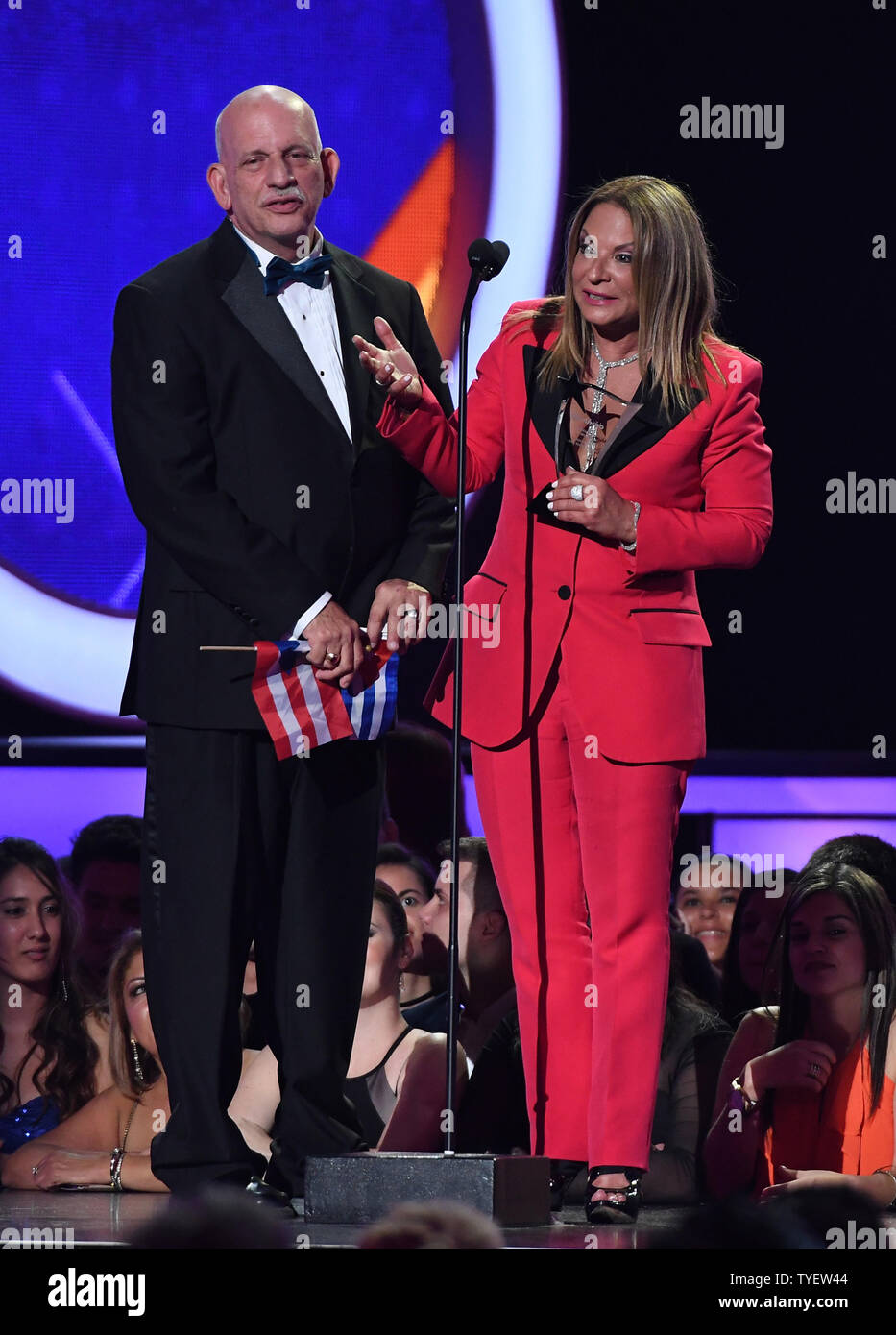Latin artist Dra Ana Maria Polo received special award at the 2016 Premios Tu Mundo  show  at the American Airlines Arena in Miami,Florida,  August 25, 2016. Photo by Gary I Rothstein/UPI Stock Photo
