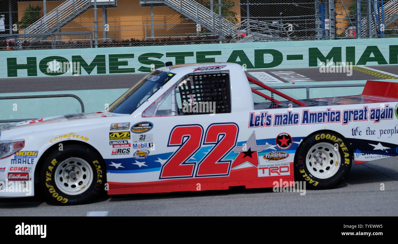 NASCAR Nationwide Series Championship driver Austin Wayne (22) in the 'Lets Make America Great Again' truck is seen taking his last practice laps before  the Ford EcoBoost 200 at the Homestead-Miami Speedway in Homestead, Florida on November 18, 2016. Photo By Gary I Rothstein/UPI Stock Photo