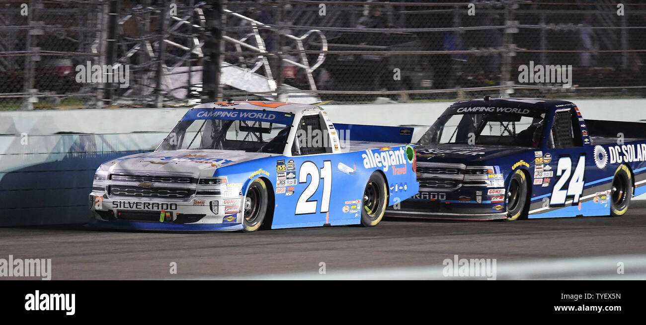 NASCAR Nationwide Series Championship driver Johnny Sauter (21)  is seen in front of Kyle Larson (24) in the Ford EcoBoost 200 series at  Homestead-Miami Speedway in Homestead, Florida on November 18, 2016.  Souter (21)  is the series winner and William Byron (9) was the race winner.The race was the first in a series of three being hosted at the Speedway throughout the weekend. Photo By Gary I Rothstein/UPI Stock Photo