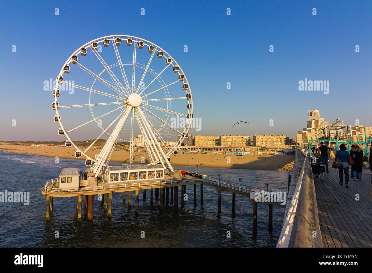 the Hague (den Haag), the Netherlands, Holland,, April 20, 2019. Scheveningen is a long, sandy beach, an esplanade, a pier, a ferris wheel and a bungy Stock Photo