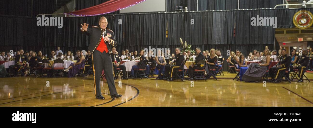 Commandant of the Marine Corps Gen. Robert B. Neller speaks to Marines and guests attending the II Marine Expeditionary Force Marine Corps Birthday Ball at Marine Corps Base Camp Lejeune, N.C., Nov. 5, 2016. Neller attended the birthday ball as the guest of honor. Stock Photo