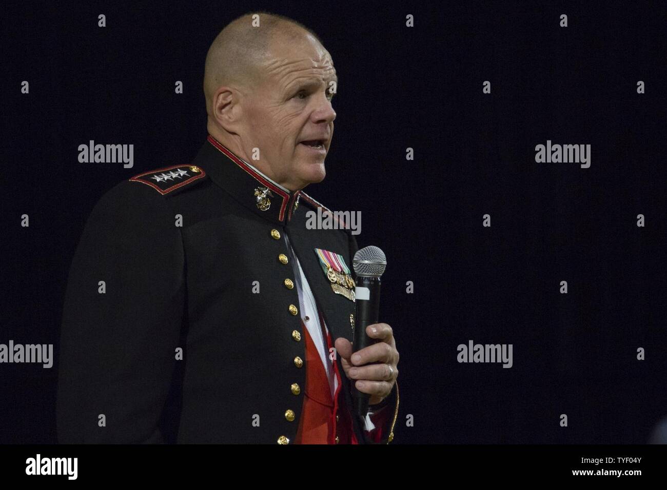 Commandant of the Marine Corps Gen. Robert B. Neller speaks to Marines and guests attending the II Marine Expeditionary Force Marine Corps Birthday Ball at Marine Corps Base Camp Lejeune, N.C., Nov. 5, 2016. Neller attended the birthday ball as the guest of honor. Stock Photo