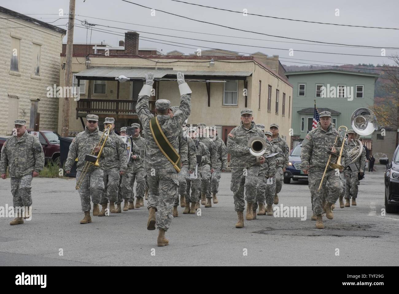 U.S. Soldiers with the 40th Army Band, Garrison Support Command, Vermont National Guard, march in the 2016 Scouting Salute to Veterans Parade in Hartford, Vt., November 5, 2016. The parade honors veterans for their service to their country. Stock Photo