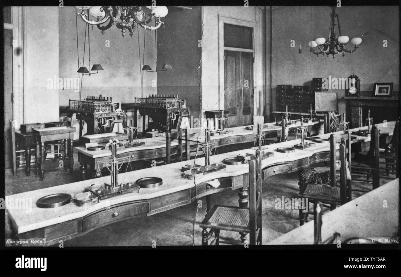 Photograph of the San Francisco Mint Coin Adjusting Room. Tables have ...