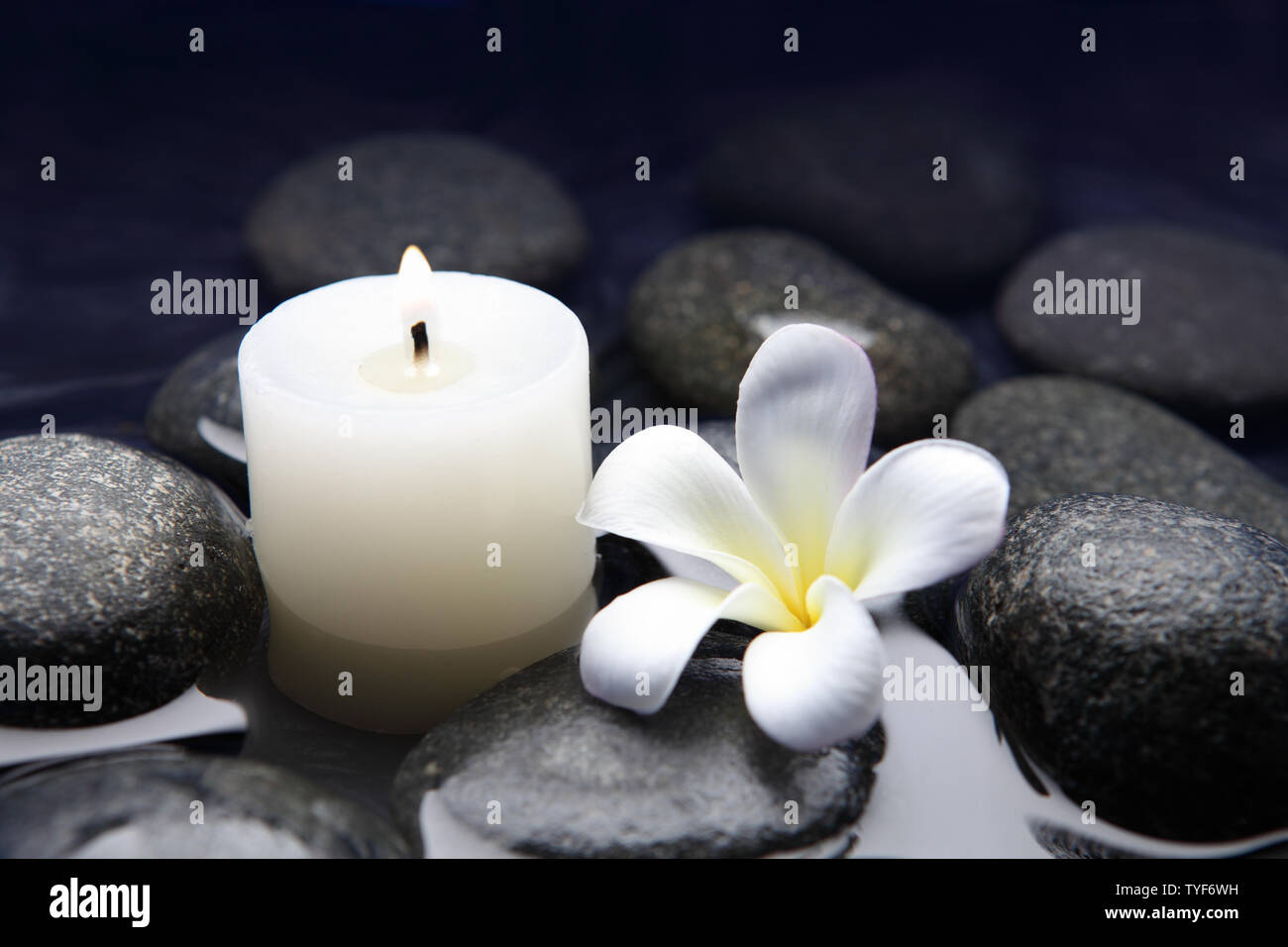 Flower and candle with lastone therapy stones Stock Photo