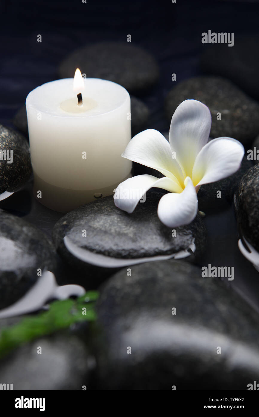 Flowers and candle with lastone therapy stones Stock Photo
