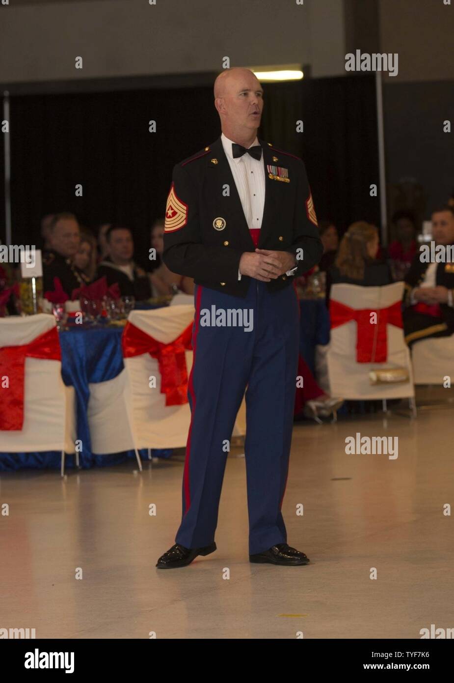 U.S. Marine Corps Sgt. Maj., Joseph Gray, Marine corps Barracks Washingon, gives a speech during the Headquarters and Headquarters Squadron Marine Corps Air Station New River 241st Marine Corps Birthday Ball at the Crystal Coast Civic Center, Morehead City, N.C., Nov. 5, 2016. The Marine Corps has carried 241 years of traditions, values and standards since its establishment in 1775. Stock Photo