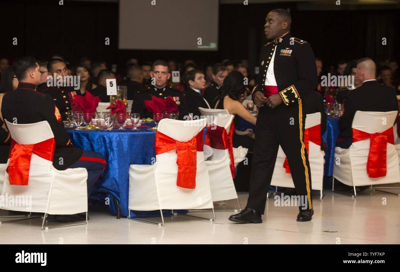 U.S. Marine Corps Lt. Col., Quentin Vaughn, commanding officer, Headquarters and Headquarters Squadron (H&HS), gives a speech during the H&HS Marine Corps Air Station New River 241st Marine Corps Birthday Ball  at the Crystal Coast Civic Center, Morehead City, N.C., Nov. 5, 2016. The Marine Corps has carried 241 years of traditions, values and standards since its establishment in 1775. Stock Photo
