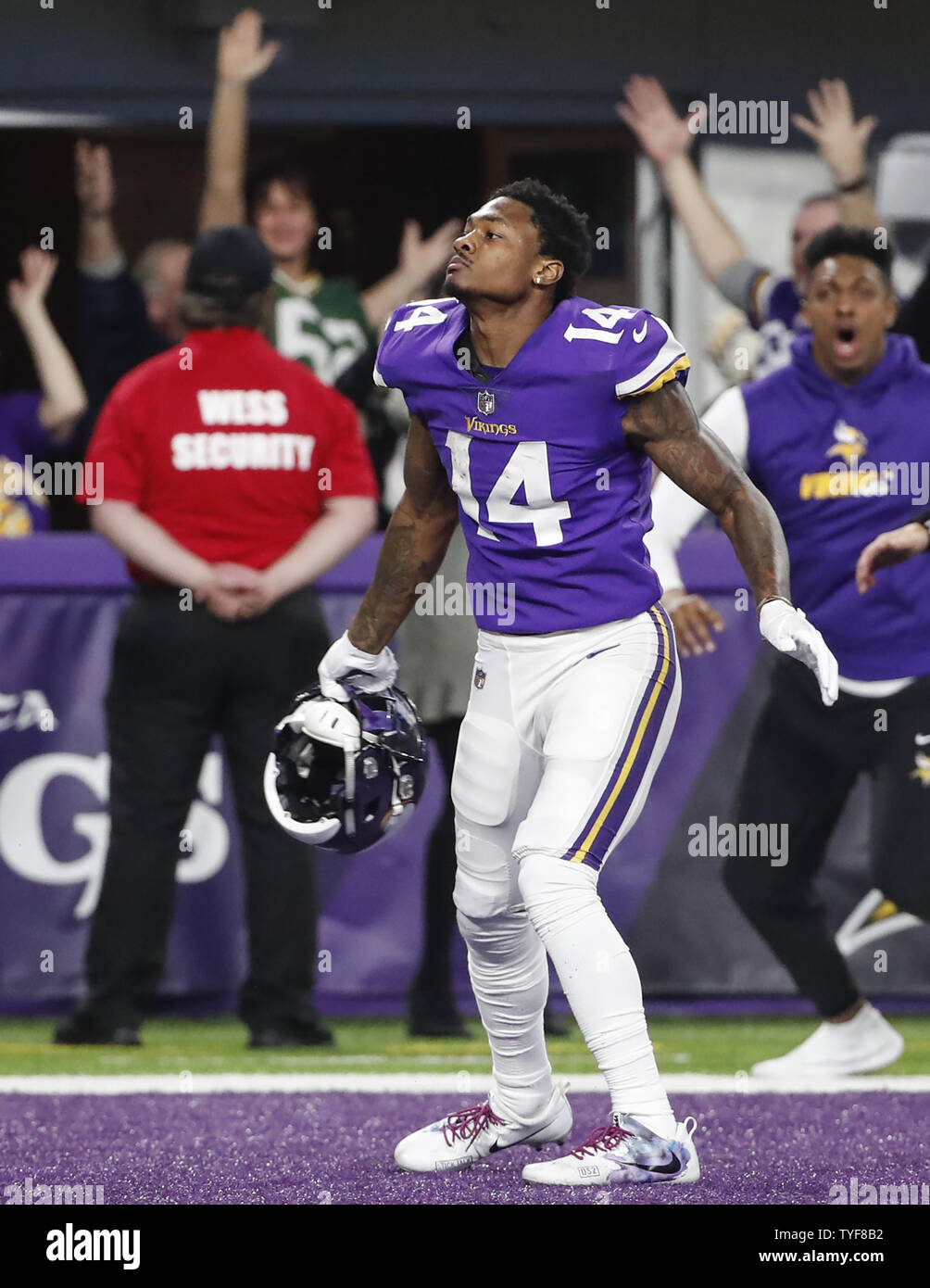 Minnesota Vikings wide receiver Stefon Diggs reacts after scoring the game  winning touchdown against the New Orleans Saints in the second half of the  NFC Divisional round playoff game at U.S. Bank