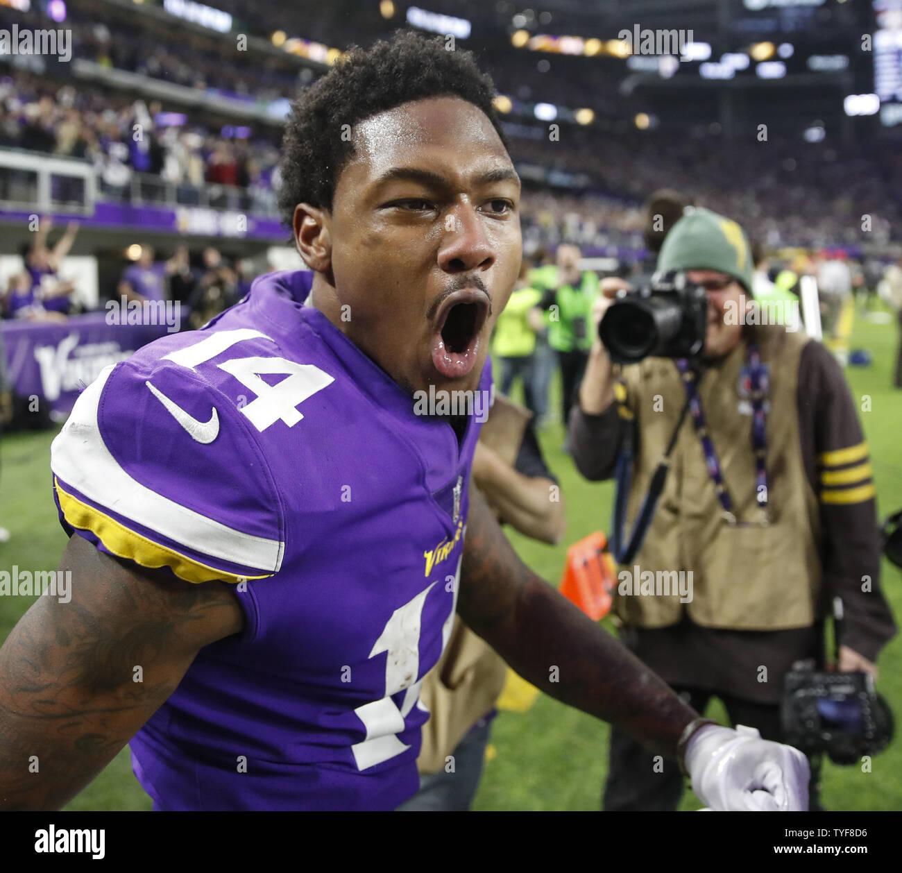 Minnesota Vikings wide receiver Stefon Diggs reacts after scoring the game  winning touchdown against the New Orleans Saints in the second half of the  NFC Divisional round playoff game at U.S. Bank