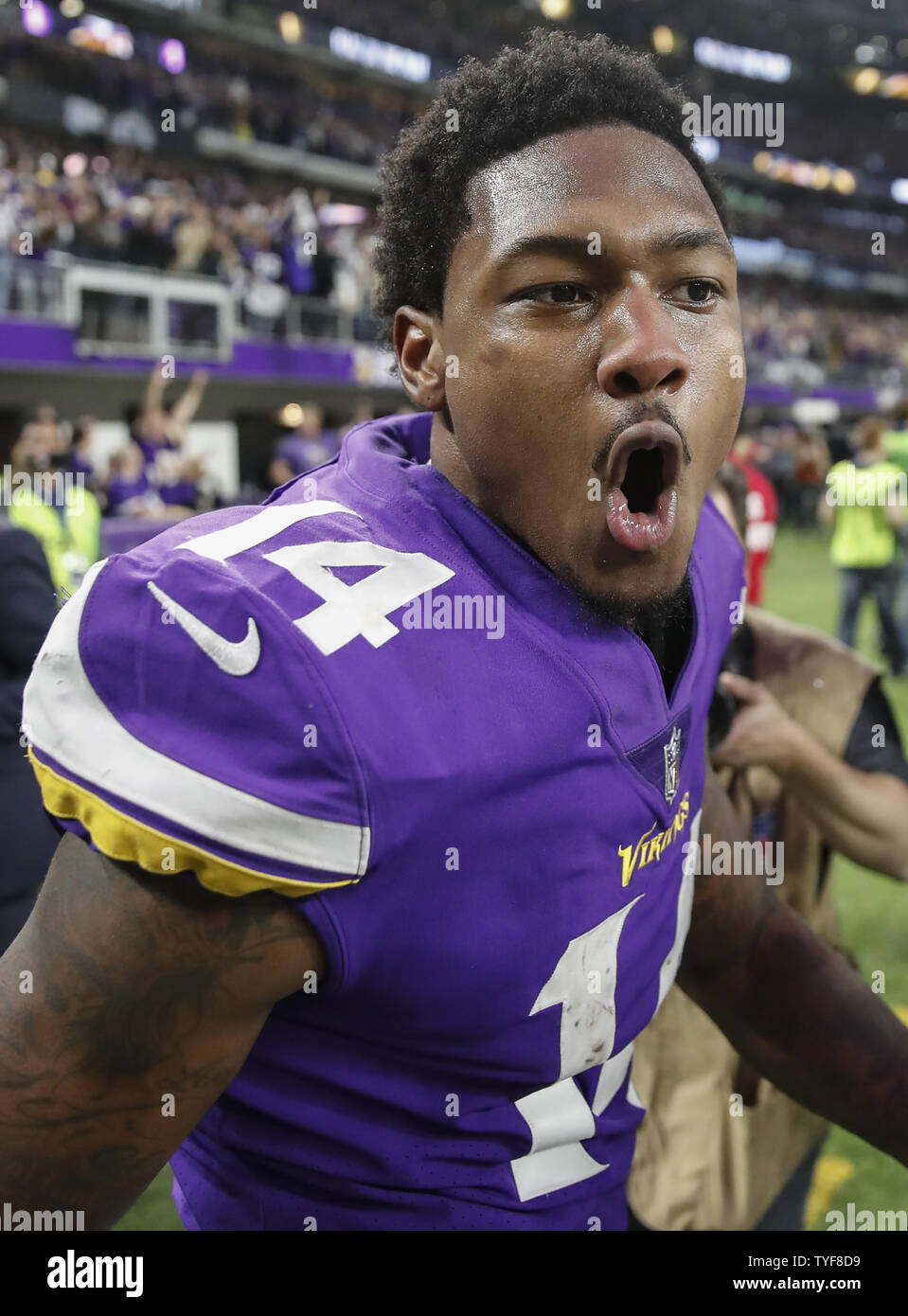 Minnesota Vikings wide receiver Stefon Diggs reacts after scoring the game  winning touchdown against the New Orleans Saints in the second half of the  NFC Divisional round playoff game at U.S. Bank