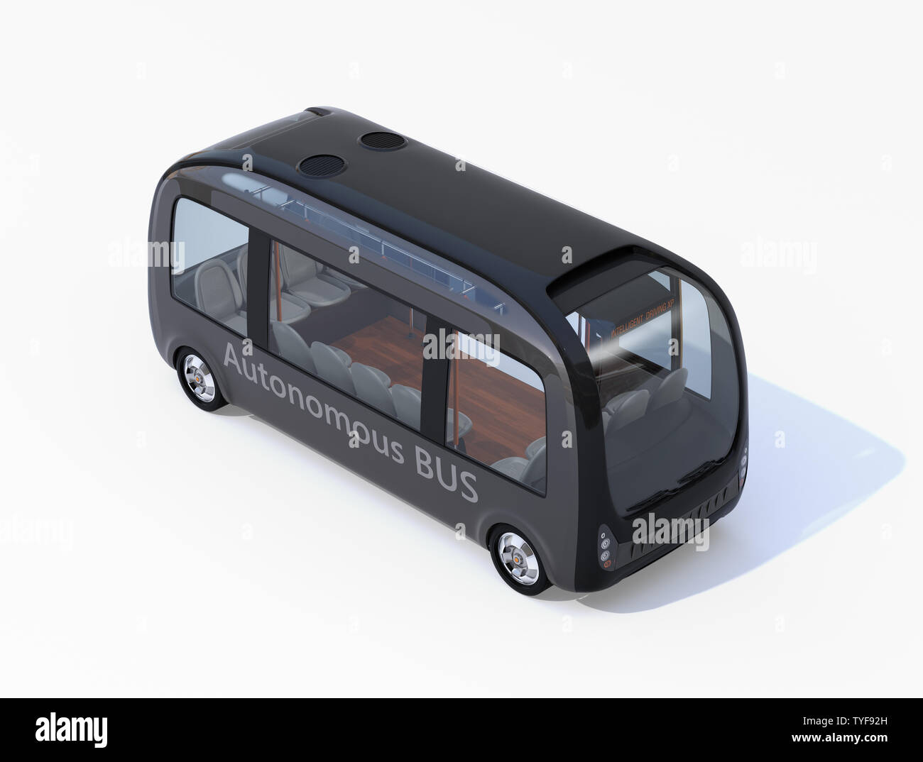 Self-driving shuttle bus isolated on white background. 3D rendering image. Stock Photo