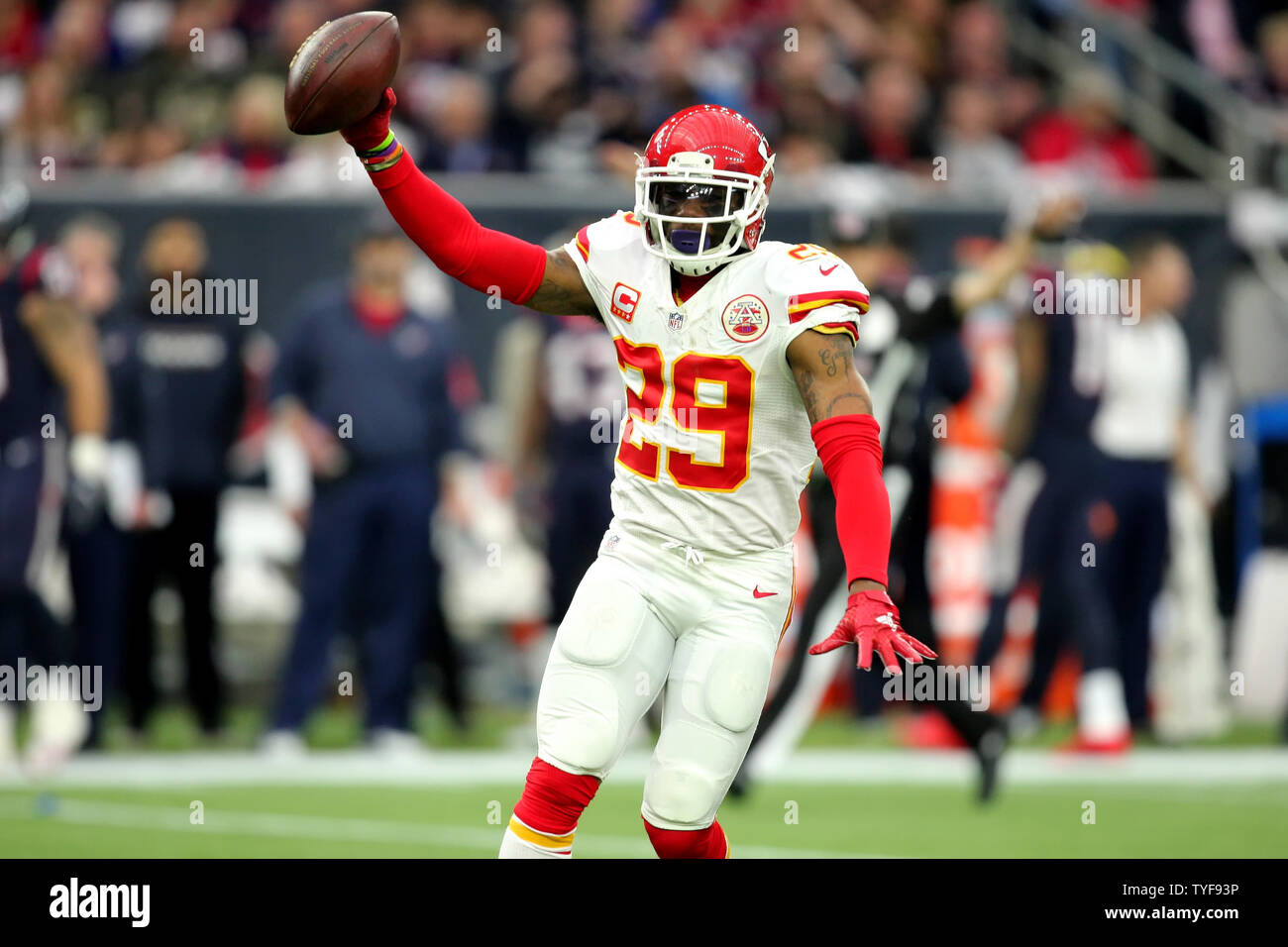 Kansas City Chiefs free safety Eric Berry (29) reacts after intercepting a  pass against the Houston Texans during the first quarter in a AFC Wild Card  playoff football game at NRG Stadium.