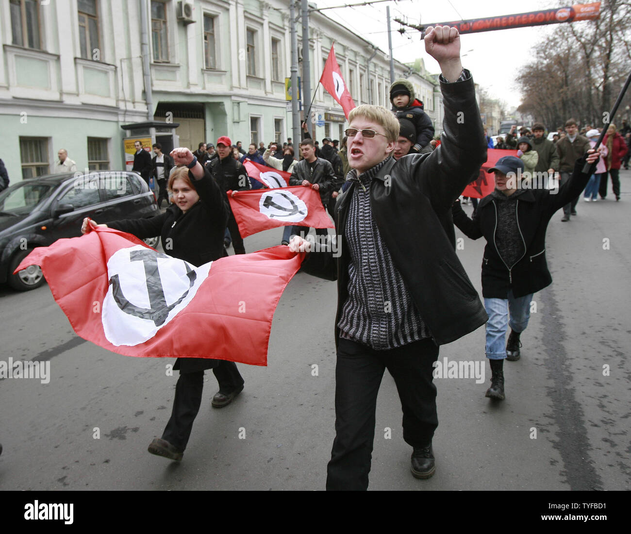 Protesters shout during an opposition rally downtown Moscow on April 14, 2007. Police detained Russian opposition leader Garry Kasparov, the former world chess champion, and more than 100 other activists Saturday as they gathered for a forbidden anti-Kremlin demonstration in central Moscow. (UPI Photo/Anatoli Zhdanov) Stock Photo