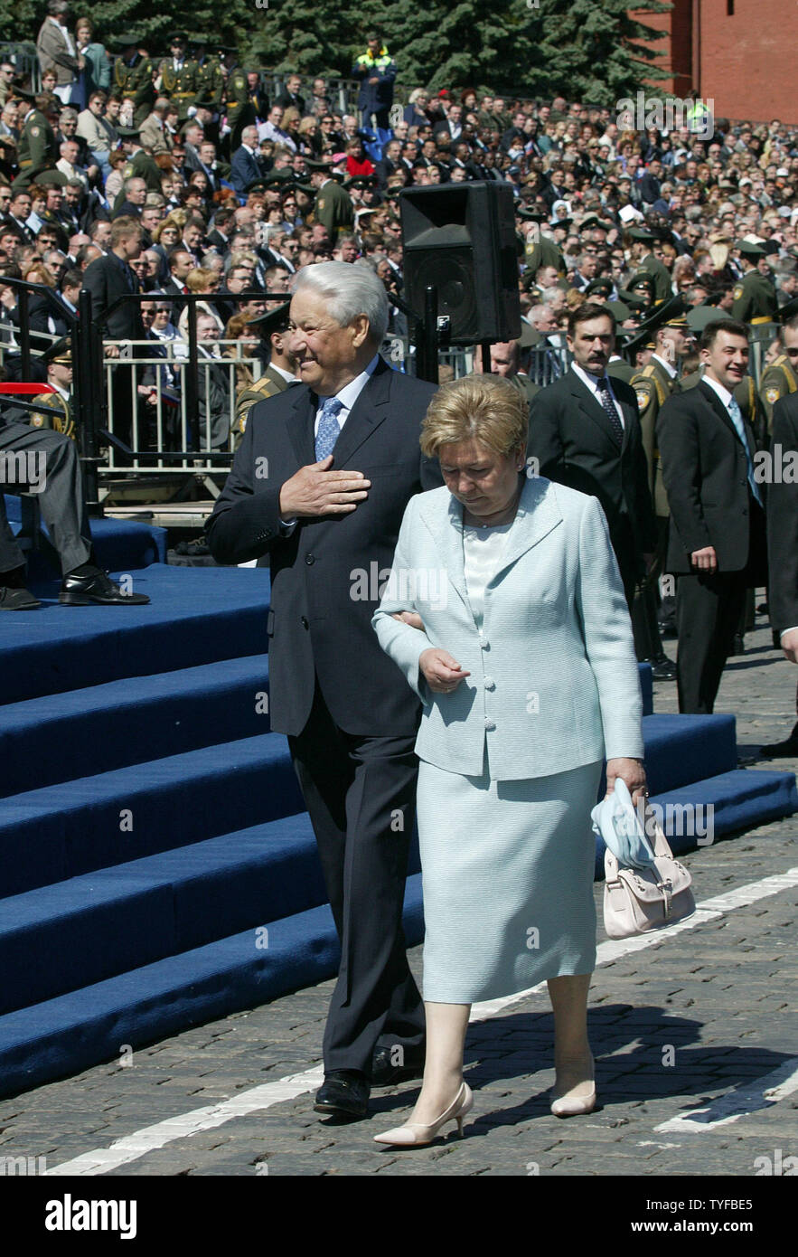 Former Russian President Boris Yeltsin, shown in this 2000 file photo, died at the age of 76 on April 23, 2007 in Moscow. Yeltsin pushed Russia to democracy and a market economy after helping in the collapse of the Soviet Union communist state in 1991. In this file photo, Former Russian President Boris Yeltsin with his wife Naina attends a celebration of Would War II victory at the Red Square in Moscow Kremlin on May 9, 2004. (UPI Photo/Anatoli Zhdanov) Stock Photo