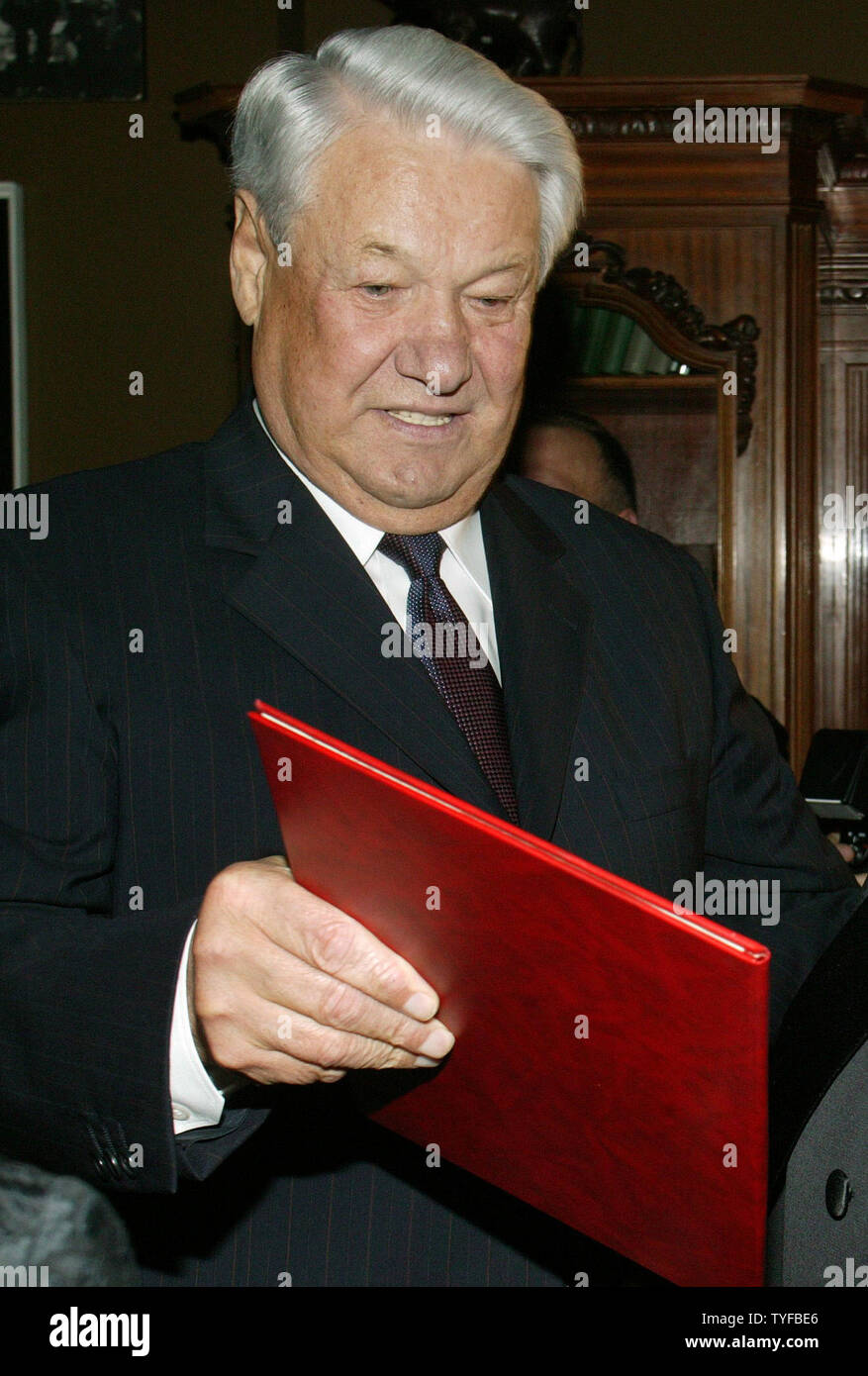 Former Russian President Boris Yeltsin, shown in this 2000 file photo, died at the age of 76 on April 23, 2007 in Moscow. Yeltsin pushed Russia to democracy and a market economy after helping in the collapse of the Soviet Union communist state in 1991. In this file photo, Former Russian President Boris Yeltsin attends a celebration of Lencom theater in Moscow on October 24, 2003. (UPI Photo/Anatoli Zhdanov) Stock Photo