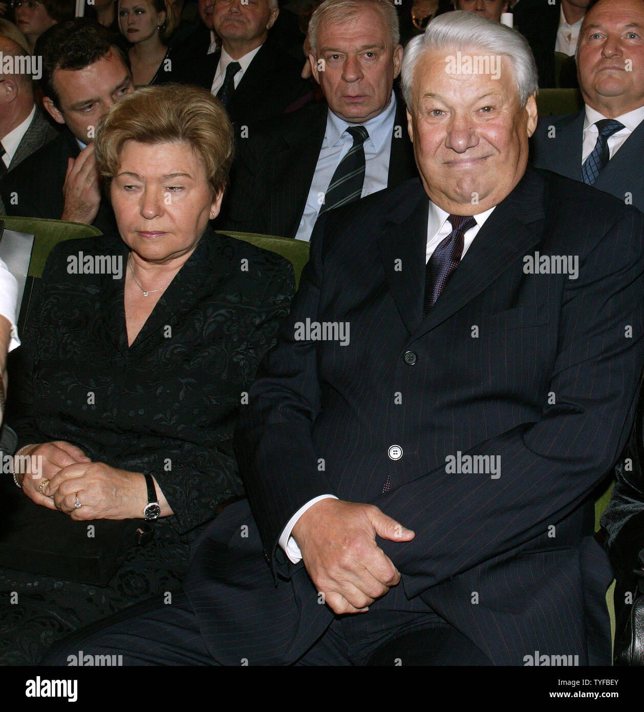 Former Russian President Boris Yeltsin, shown in this 2000 file photo, died at the age of 76 on April 23, 2007 in Moscow. Yeltsin pushed Russia to democracy and a market economy after helping in the collapse of the Soviet Union communist state in 1991. In this file photo, Former Russian President Boris Yeltsin with his wife Naina attends a celebration of Lencom theater in Moscow on October 24, 2003. (UPI Photo/Anatoli Zhdanov) Stock Photo