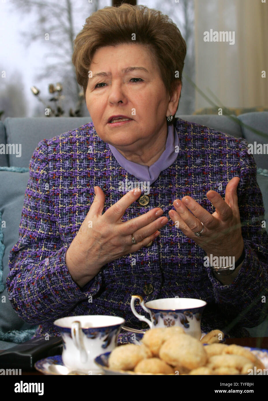 In this file photo, former President Boris Yeltsin's wife Naina speaks at their residence in Barvikha, the most presitigious and expensive suburb of Moscow  on January 30, 2006. Yeltsin died at the age of 76 on April 23, 2007 in Moscow. Yeltsin pushed Russia to democracy and a market economy after helping in the collapse of the Soviet Union communist state in 1991.  (UPI Photo/Anatoli Zhdanov) Stock Photo