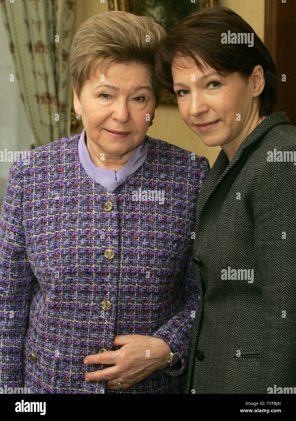 In this file photo, former President Boris Yeltsin's wife Naina (L) and daughter Tatyana Dyachenko pose at their residence in Barvikha, the most presitigious and expensive suburb of Moscow  on January 30, 2006. Yeltsin died at the age of 76 on April 23, 2007 in Moscow. Yeltsin pushed Russia to democracy and a market economy after helping in the collapse of the Soviet Union communist state in 1991. (UPI Photo/Anatoli Zhdanov) Stock Photo