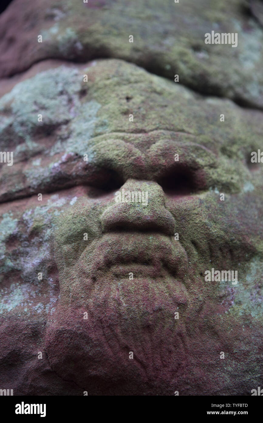 Carved face of a man in stone, Dunino Den, Dunino, St. Andrews, Fife