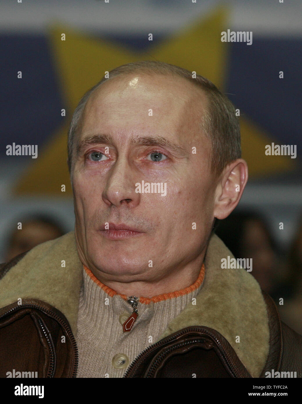 Russian President Vladimir Putin attends a judo competition in Moscow on December 15, 2007. Putin accused the West on Saturday of playing politics with European arms control and warned that the launch of US interceptor missiles could trigger a Russian missile strike. (UPI Photo/Anatoli Zhdanov).. Stock Photo