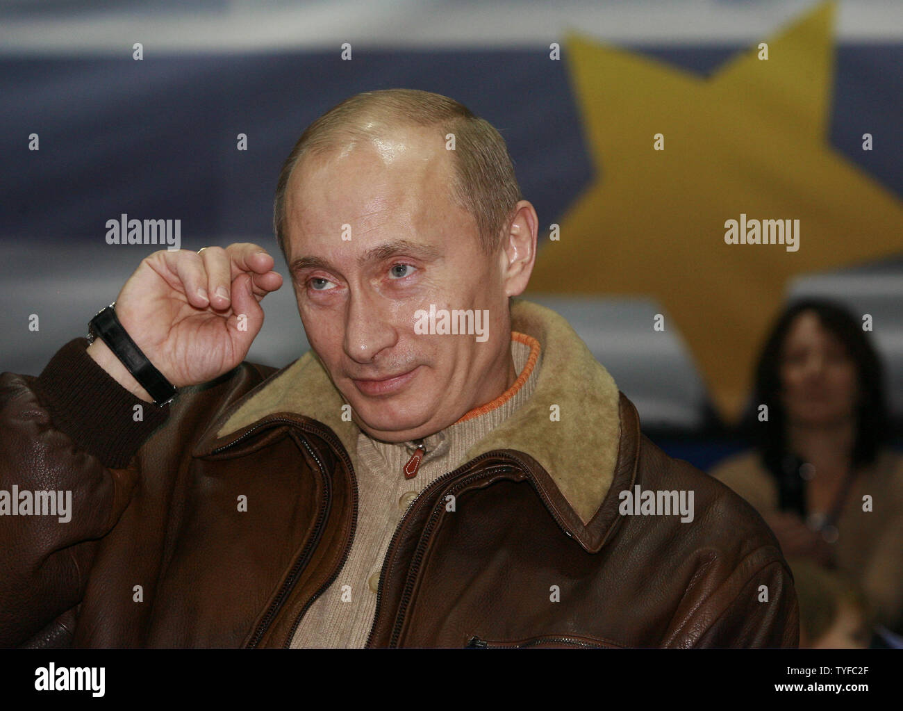 Russian President Vladimir Putin attends a judo competition in Moscow on December 15, 2007. Putin accused the West on Saturday of playing politics with European arms control and warned that the launch of US interceptor missiles could trigger a Russian missile strike. (UPI Photo/Anatoli Zhdanov).. Stock Photo