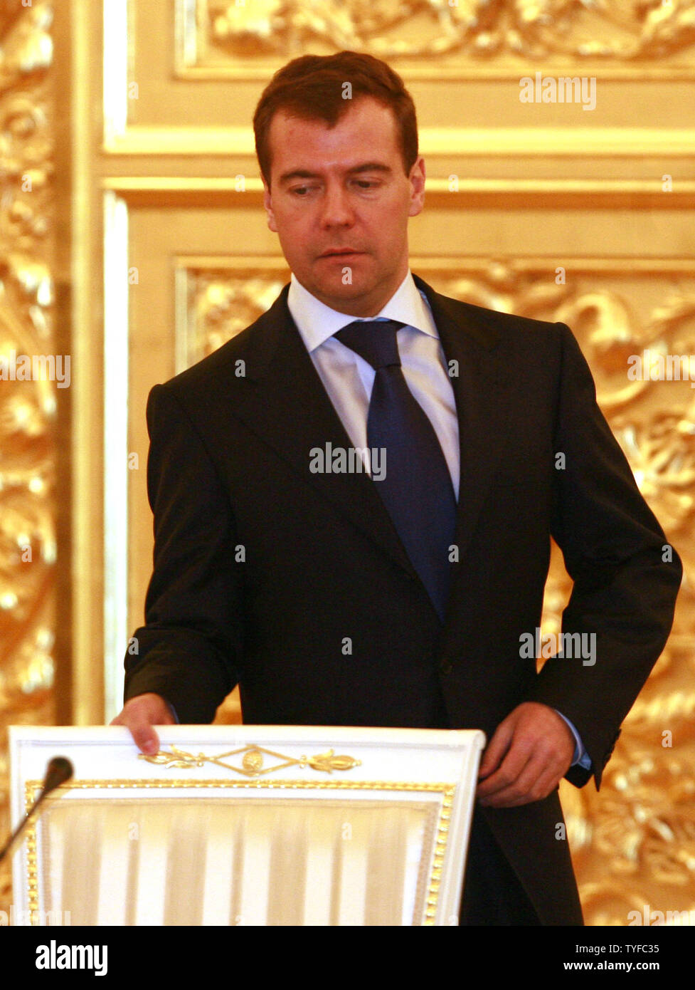 Russian First Deputy Prime Minister Dmitry Medvedev arrives at a session of the State Council in the Kremlin in Moscow on December 19, 2007. Putin and his favored successor Medvedev took turns to lecture top officials on Wednesday as they showed off the double act likely to run the country for the next four years. (UPI Photo/Anatoli Zhdanov) Stock Photo