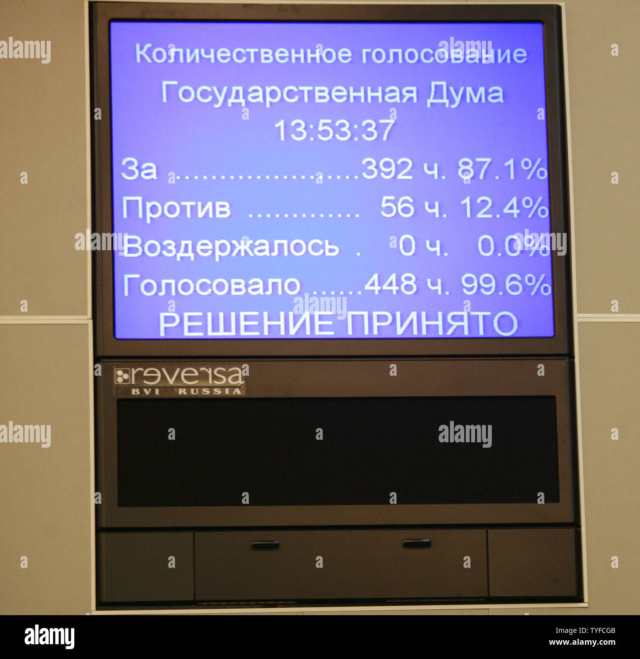 The results of the voting on Former Russian President Vladimir Putin to be new prime minister is seen at the State Duma parliament in Moscow on May 8, 2008. The results are 87% for yes, 12,4% for no. (UPI Photo/Anatoli Zhdanov) Stock Photo