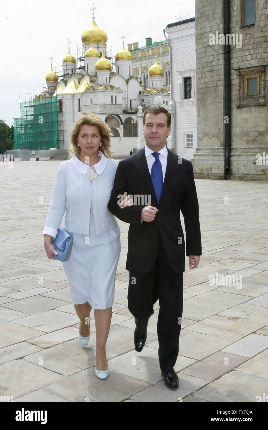 Russian President Dmitry Medvedev walks with his wife Svetlana as he arrives at the State Award ceremony on national independence day in the Kremlin in Moscow on June 12, 2008. (UPI Photo/Anatoli Zhdanov) Stock Photo